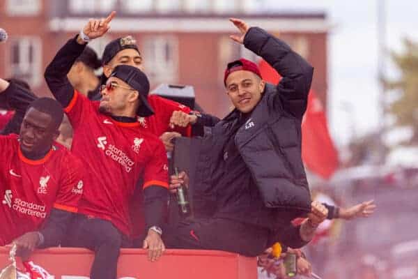 LIVERPOOL, ENGLAND - Sunday, May 29, 2022: Liverpool's Thiago Alcântara celebrate during an open top bus parade around the city after the club won the Cup Double, the FA Cup and the Football League Cup. (Photo by David Rawcliffe/Propaganda)