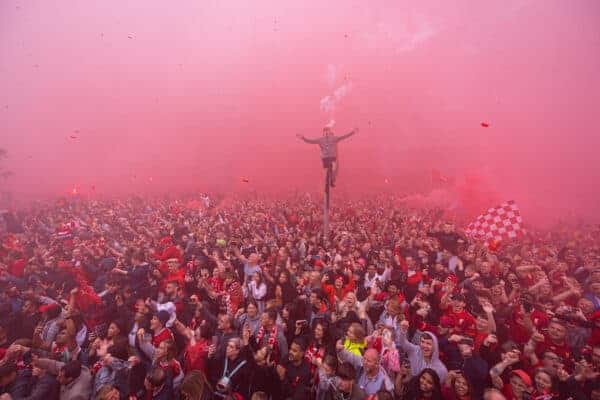 LIVERPOOL, ENGLAND - Sunday, May 29, 2022: Liverpool supporters celebrate during an open top bus parade around the city after the club won the Cup Double, the FA Cup and the Football League Cup. (Photo by David Rawcliffe/Propaganda)