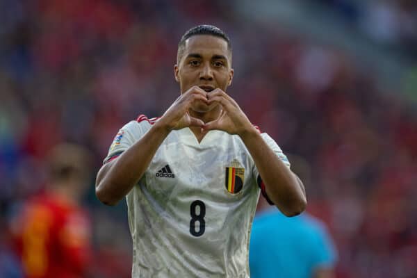 CARDIFF, WALES - Saturday, June 11, 2022: Belgium's Youri Tielemans celebrates after scoring the opening goal during the UEFA Nations League Group A4 game between Wales and Belgium at the Cardiff City Stadium. The game ended in a 1-1 draw. (Photo by David Rawcliffe/Propaganda)