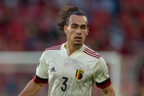 CARDIFF, WALES - Saturday, June 11, 2022: Belgium's Arthur Theate during the UEFA Nations League Group A4 game between Wales and Belgium at the Cardiff City Stadium. The game ended in a 1-1 draw. (Photo by David Rawcliffe/Propaganda)