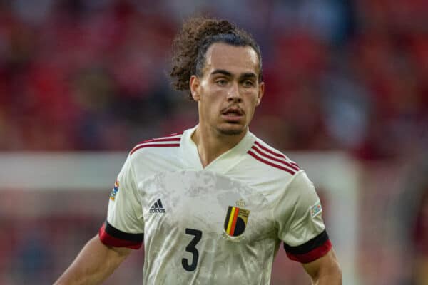 CARDIFF, WALES - Saturday, June 11, 2022: Belgium's Arthur Theate during the UEFA Nations League Group A4 game between Wales and Belgium at the Cardiff City Stadium. The game ended in a 1-1 draw. (Photo by David Rawcliffe/Propaganda)