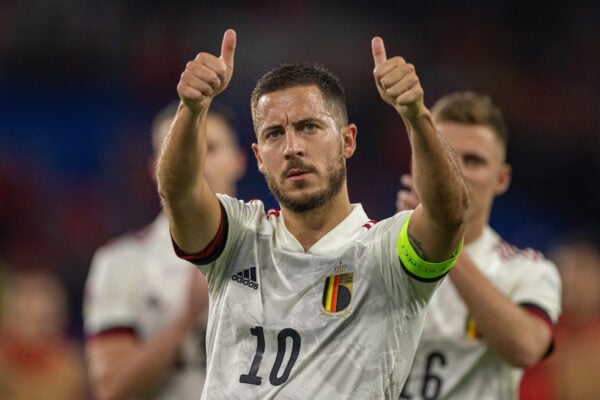 CARDIFF, WALES - Saturday, June 11, 2022: Belgium's captain Eden Hazard gives a double thumbs-up to the supporters after the UEFA Nations League Group A4 game between Wales and Belgium at the Cardiff City Stadium. The game ended in a 1-1 draw. (Photo by David Rawcliffe/Propaganda)