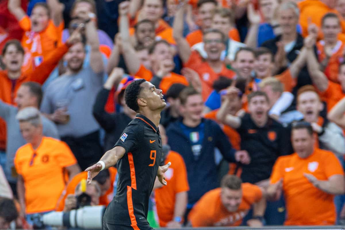 ROTTERDAM, NETHERLANDS - Tuesday, June 14, 2022: Netherlands' Cody Gakpo celebrates after scoring his side's second goal during the UEFA Nations League Group A4 game between the Netherlands and Wales at the de Kuip Stadium. Netherlands won 3-2. (Photo by David Rawcliffe/Propaganda)