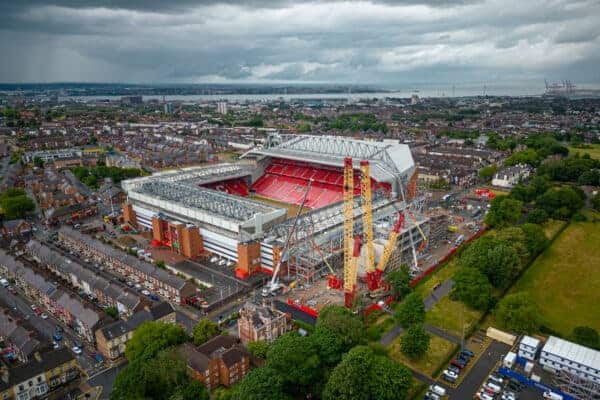 LIVERPOOL, ENGLAND - Wednesday, June 29, 2022: An aerial view of Anfield, the home stadium of Liverpool Football Club. The image shows the ongoing construction of the Anfield Road stand which will add an aditional 7,000 seats to boost the overall Anfield capacity to 61,000. (Pic by David Rawcliffe/Propaganda)