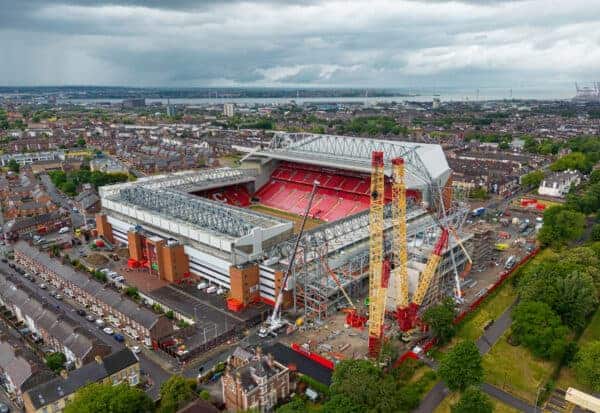 LIVERPOOL, ENGLAND - Wednesday, June 29, 2022: An aerial view of Anfield, the home stadium of Liverpool Football Club. The image shows the ongoing construction of the Anfield Road stand which will add an aditional 7,000 seats to boost the overall Anfield capacity to 61,000. (Pic by David Rawcliffe/Propaganda)