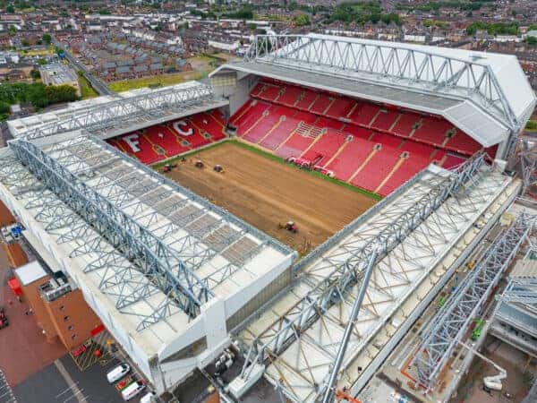  An aerial view of Anfield, the home stadium of Liverpool Football Club. The image shows the ongoing construction of the Anfield Road stand which will add an aditional 7,000 seats to boost the overall Anfield capacity to 61,000. (Pic by David Rawcliffe/Propaganda)