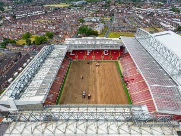 LIVERPOOL, ENGLAND - Wednesday, June 29, 2022: An aerial view of Anfield, the home stadium of Liverpool Football Club. The image shows the ongoing construction of the Anfield Road stand which will add an aditional 7,000 seats to boost the overall Anfield capacity to 61,000. (Pic by David Rawcliffe/Propaganda)