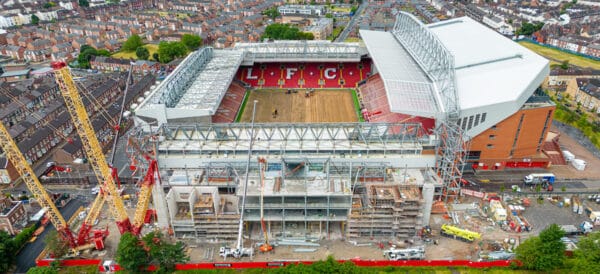 LIVERPOOL, ENGLAND - Wednesday, June 29, 2022: An aerial view of Anfield, the home stadium of Liverpool Football Club. The image shows the ongoing construction of the Anfield Road stand which will add an aditional 7,000 seats to boost the overall Anfield capacity to 61,000. (Pic by David Rawcliffe/Propaganda)