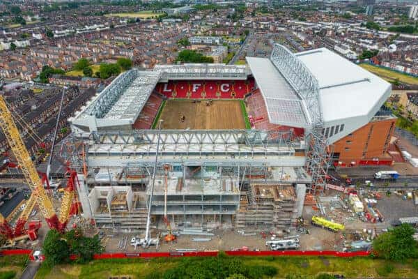 LIVERPOOL, ENGLAND - Wednesday, June 29, 2022: An aerial view of Anfield, the home stadium of Liverpool Football Club. The image shows the ongoing construction of the Anfield Road stand which will add an aditional 7,000 seats to boost the overall Anfield capacity to 61,000. (Pic by David Rawcliffe/Propaganda)