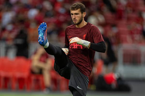 SINGAPORE - Friday, July 15, 2022: Liverpool's goalkeeper Harvey Davies during the pre-match warm-up before the Standard Chartered Singapore Trophy pre-season friendly match between Liverpool FC and Crystal Palace FC at the Singapore National Stadium. Liverpool won 2-0. (Pic by David Rawcliffe/Propaganda)