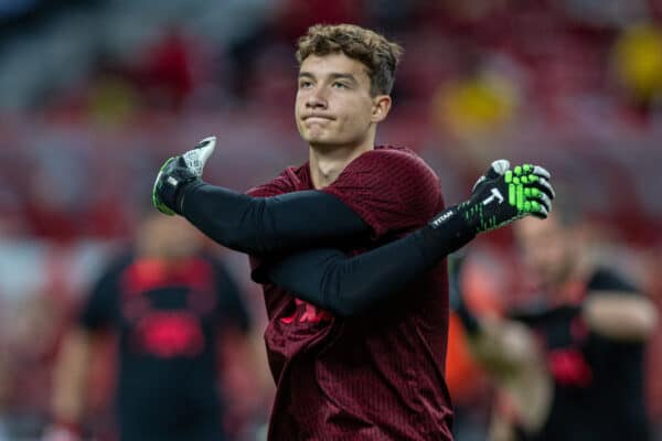 SINGAPORE - Friday, July 15, 2022: Liverpool's goalkeeper Fabian Mrozek during the pre-match warm-up before the Standard Chartered Singapore Trophy pre-season friendly match between Liverpool FC and Crystal Palace FC at the Singapore National Stadium. Liverpool won 2-0. (Pic by David Rawcliffe/Propaganda)