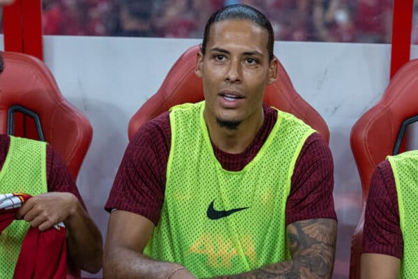 SINGAPORE - Friday, July 15, 2022: Liverpool's Virgil van Dijk on the bench the Standard Chartered Singapore Trophy pre-season friendly match between Liverpool FC and Crystal Palace FC at the Singapore National Stadium. Liverpool won 2-0. (Pic by David Rawcliffe/Propaganda)