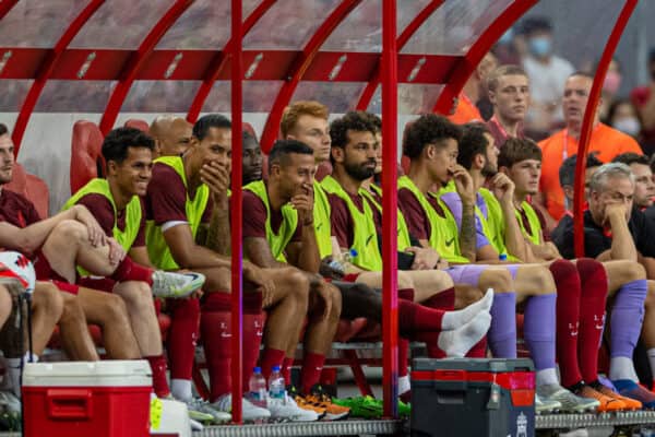 SINGAPORE - Friday, July 15, 2022: Liverpool's Mohamed Salah sits on the bench as a substitute during the Standard Chartered Singapore Trophy pre-season friendly match between Liverpool FC and Crystal Palace FC at the Singapore National Stadium. Liverpool won 2-0. (Pic by David Rawcliffe/Propaganda)