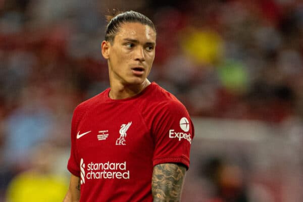 SINGAPORE - Friday, July 15, 2022: Liverpool's Darwin Núñez during the Standard Chartered Singapore Trophy pre-season friendly match between Liverpool FC and Crystal Palace FC at the Singapore National Stadium. Liverpool won 2-0. (Pic by David Rawcliffe/Propaganda)