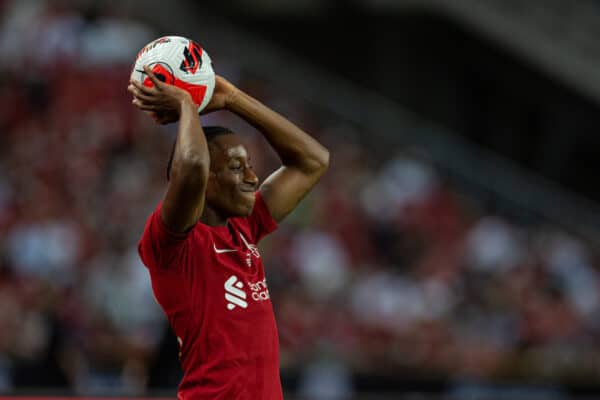 SINGAPORE - Friday, July 15, 2022: Liverpool's Isaac Mabaya during the Standard Chartered Singapore Trophy pre-season friendly match between Liverpool FC and Crystal Palace FC at the Singapore National Stadium. Liverpool won 2-0. (Pic by David Rawcliffe/Propaganda)