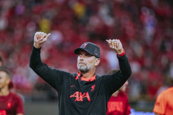 SINGAPORE - Friday, July 15, 2022: Liverpool's manager Jürgen Klopp after the Standard Chartered Trophy pre-season friendly match between Liverpool FC and Crystal Palace FC at the Singapore National Stadium. (Handout Photo by Full Circle PR)