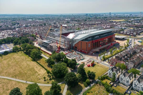 LIVERPOOL, ENGLAND - Tuesday, July 19, 2022: Ongoing construction of the new Anfield Road stand at Anfield Stadium, the home of Liverpool Football Club. (Pic by David Rawcliffe/Propaganda)