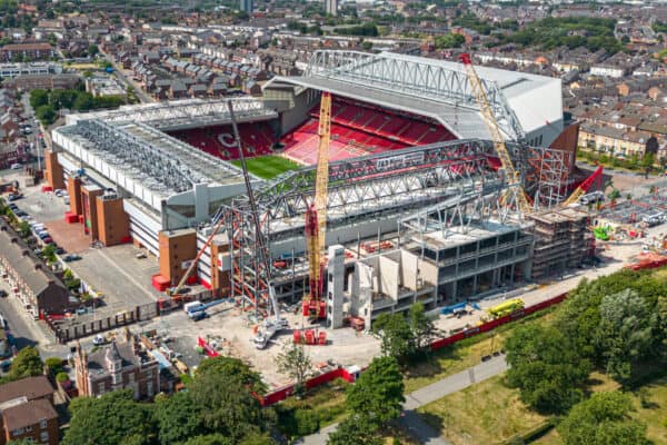 LIVERPOOL, ENGLAND - Tuesday, July 19, 2022: Ongoing construction of the new Anfield Road stand at Anfield Stadium, the home of Liverpool Football Club. (Pic by David Rawcliffe/Propaganda)