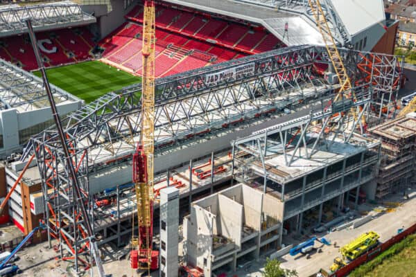 LIVERPOOL, ENGLAND - Tuesday, July 19, 2022: Ongoing construction of the new Anfield Road stand at Anfield Stadium, the home of Liverpool Football Club. (Pic by David Rawcliffe/Propaganda)