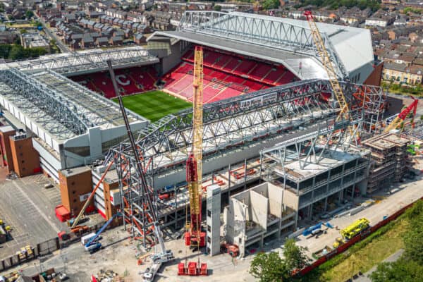 LIVERPOOL, ENGLAND - Tuesday, July 19, 2022: Ongoing construction of the new Anfield Road stand at Anfield Stadium, the home of Liverpool Football Club. (Pic by David Rawcliffe/Propaganda)