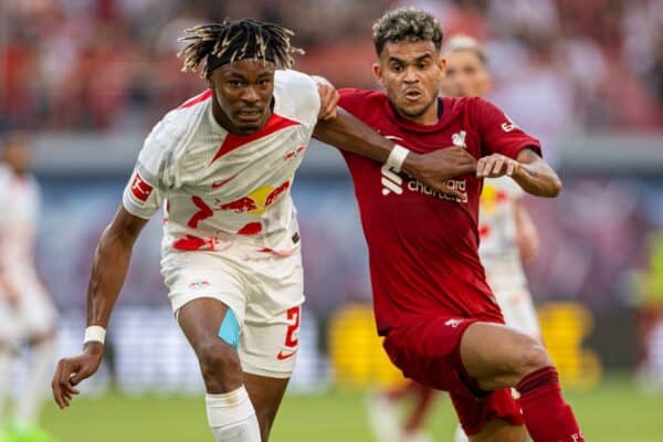 LEIPZIG, GERMANY - Thursday, July 21, 2022: Liverpool's Luis Díaz (R) and RB Leipzig's Mohamed Simakan during a pre-season friendly match between RB Leipzig and Liverpool FC at the Red Bull Arena. Liverpool won 5-0. (Pic by David Rawcliffe/Propaganda)