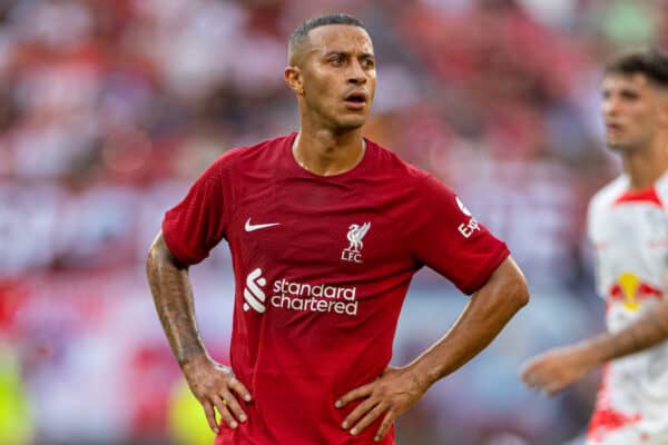 LEIPZIG, GERMANY - Thursday, July 21, 2022: Liverpool's Thiago Alcântara during a pre-season friendly match between RB Leipzig and Liverpool FC at the Red Bull Arena. Liverpool won 5-0. (Pic by David Rawcliffe/Propaganda)