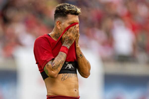 LEIPZIG, GERMANY - Thursday, July 21, 2022: Liverpool's Roberto Firmino wipes his face with his shirt during a pre-season friendly match between RB Leipzig and Liverpool FC at the Red Bull Arena. Liverpool won 5-0. (Pic by David Rawcliffe/Propaganda)