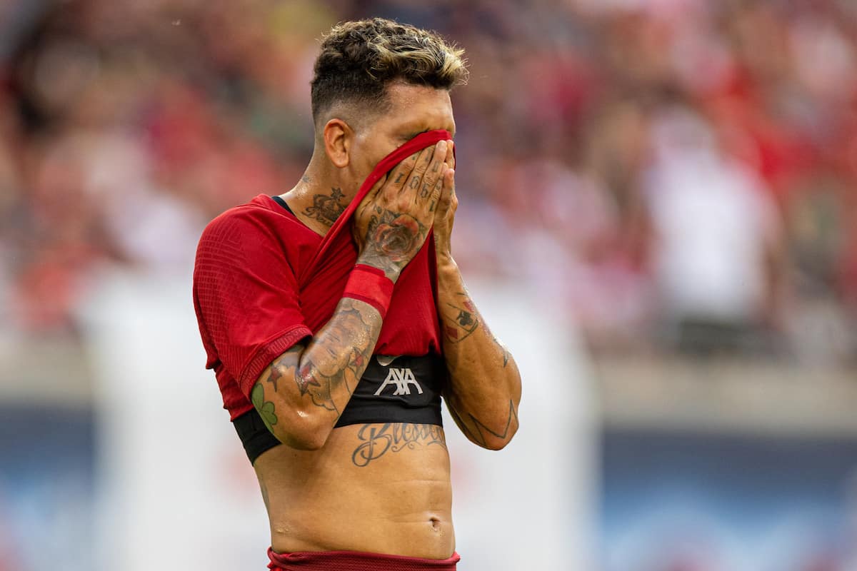 LEIPZIG, GERMANY - Thursday, July 21, 2022: Liverpool's Roberto Firmino wipes his face with his shirt during a pre-season friendly match between RB Leipzig and Liverpool FC at the Red Bull Arena. Liverpool won 5-0. (Pic by David Rawcliffe/Propaganda)