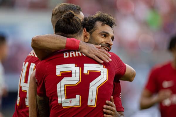 LEIPZIG, GERMANY - Thursday, July 21, 2022: Liverpool's Darwin Núñez (L) celebrates with team-mate Mohamed Salah (R) after scoring the second goal during a pre-season friendly match between RB Leipzig and Liverpool FC at the Red Bull Arena. Liverpool won 5-0. (Pic by David Rawcliffe/Propaganda)