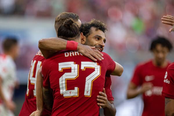 LEIPZIG, GERMANY - Thursday, July 21, 2022: Liverpool's Darwin Núñez (L) celebrates with team-mate Mohamed Salah (R) after scoring the second goal during a pre-season friendly match between RB Leipzig and Liverpool FC at the Red Bull Arena. Liverpool won 5-0. (Pic by David Rawcliffe/Propaganda)