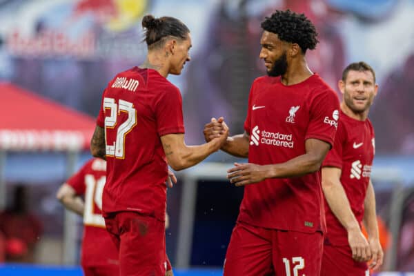 LEIPZIG, GERMANY - Thursday, July 21, 2022: Liverpool's Darwin Núñez (L) celebrates with team-mate Joe Gomez after scoring the fourth goal, completing his hat-trick, during a pre-season friendly match between RB Leipzig and Liverpool FC at the Red Bull Arena. Liverpool won 5-0. (Pic by David Rawcliffe/Propaganda)