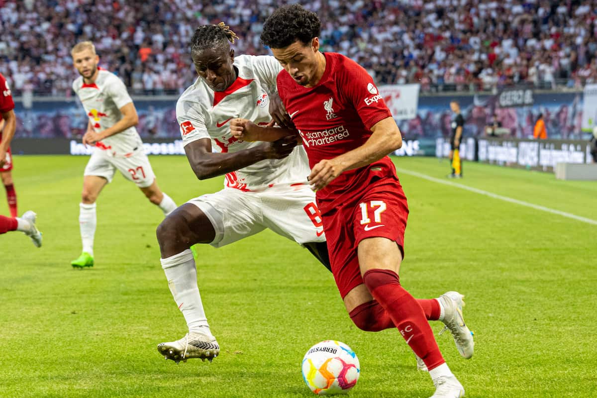 LEIPZIG, GERMANY - Thursday, July 21, 2022: Liverpool's Curtis Jones (R) and RB Leipzig's Amadou Haidara during a pre-season friendly match between RB Leipzig and Liverpool FC at the Red Bull Arena. Liverpool won 5-0. (Pic by David Rawcliffe/Propaganda)