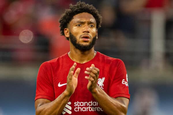 LEIPZIG, GERMANY - Thursday, July 21, 2022: Liverpool's Joe Gomez applauds the supporters after a pre-season friendly match between RB Leipzig and Liverpool FC at the Red Bull Arena. Liverpool won 5-0. (Pic by David Rawcliffe/Propaganda)