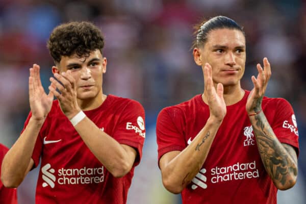 LEIPZIG, GERMANY - Thursday, July 21, 2022: Liverpool's Stefan Bajcetic (L) and Darwin Núñez (R) applaud the supporters after a pre-season friendly match between RB Leipzig and Liverpool FC at the Red Bull Arena. Liverpool won 5-0. (Pic by David Rawcliffe/Propaganda)