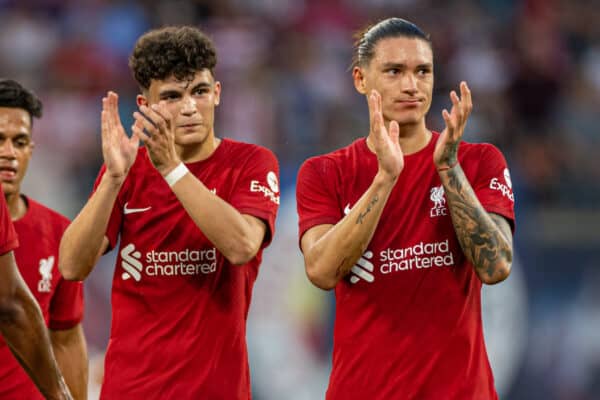 LEIPZIG, GERMANY - Thursday, July 21, 2022: Liverpool's Stefan Bajcetic (L) and Darwin Núñez (R) applaud the supporters after a pre-season friendly match between RB Leipzig and Liverpool FC at the Red Bull Arena. Liverpool won 5-0. (Pic by David Rawcliffe/Propaganda)