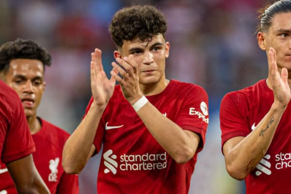 LEIPZIG, GERMANY - Thursday, July 21, 2022: Liverpool's Stefan Bajcetic (L) and Darwin Núñez (R) applaud the supporters after a pre-season friendly match between RB Leipzig and Liverpool FC at the Red Bull Arena. Liverpool won 5-0. (Pic by David Rawcliffe/Propaganda)