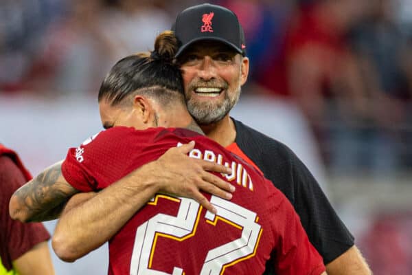 LEIPZIG, GERMANY - Thursday, July 21, 2022: Liverpool's manager Jürgen Klopp embraces Darwin Núñez, who scored four goals, after a pre-season friendly match between RB Leipzig and Liverpool FC at the Red Bull Arena. Liverpool won 5-0. (Pic by David Rawcliffe/Propaganda)