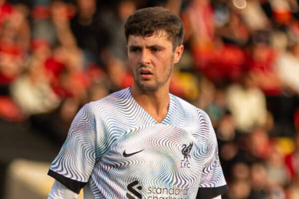 KIDDERMINSTER, ENGLAND - Friday, July 22, 2022: Liverpool's Layton Stewart during a pre-season Under-21's friendly between Kidderminster Harriers FC and Liverpool FC Under-21's at Aggborough Stadium. (Pic by Peter Hinkley/Propaganda)