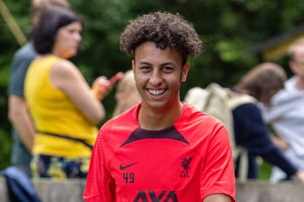 SAALFELDEN, AUSTRIA - Tuesday, July 26, 2022: Liverpool's Kaide Gordon (L) walks back to the team hotel with press officer Kevin Guy after a training session during the club's pre-season training camp in Austria. (Pic by David Rawcliffe/Propaganda)