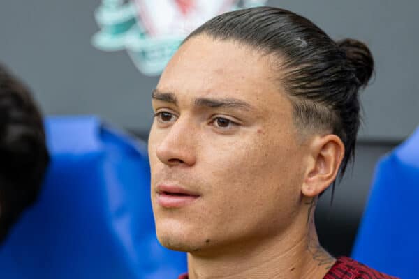 LEICESTER, ENGLAND - Saturday, July 30, 2022: Liverpool's Darwin Núñez on the bench before the FA Community Shield friendly match between Liverpool FC and Manchester City FC at the King Power Stadium. Liverpool won 3-1. (Pic by David Rawcliffe/Propaganda)