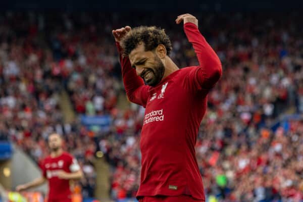 LEICESTER, ENGLAND - Saturday, July 30, 2022: Liverpool's Mohamed Salah looks dejected after missing a chance during the FA Community Shield friendly match between Liverpool FC and Manchester City FC at the King Power Stadium. Liverpool won 3-1. (Pic by David Rawcliffe/Propaganda)