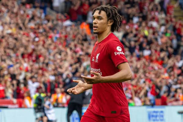 LEICESTER, ENGLAND - Saturday, July 30, 2022: Liverpool's Trent Alexander-Arnold celebrates after scoring the first goal during the FA Community Shield friendly match between Liverpool FC and Manchester City FC at the King Power Stadium. Liverpool won 3-1. (Pic by David Rawcliffe/Propaganda)