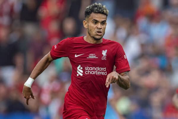 LEICESTER, ENGLAND - Saturday, July 30, 2022: Liverpool's Luis Díaz during the FA Community Shield friendly match between Liverpool FC and Manchester City FC at the King Power Stadium. Liverpool won 3-1. (Pic by David Rawcliffe/Propaganda)