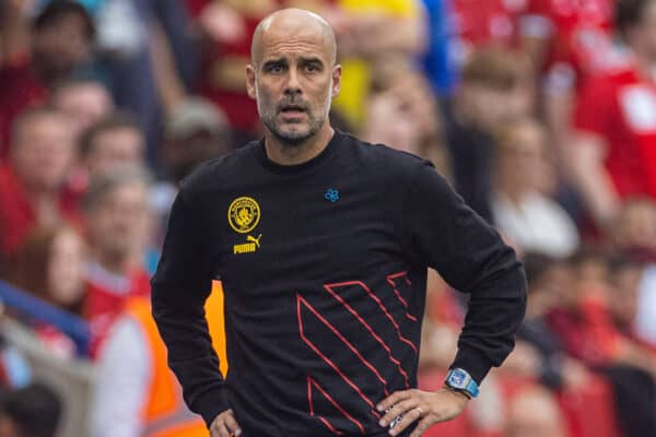 LEICESTER, ENGLAND - Saturday, July 30, 2022: Manchester City's manager Josep 'Pep' Guardiola during the FA Community Shield friendly match between Liverpool FC and Manchester City FC at the King Power Stadium. Liverpool won 3-1. (Pic by David Rawcliffe/Propaganda)