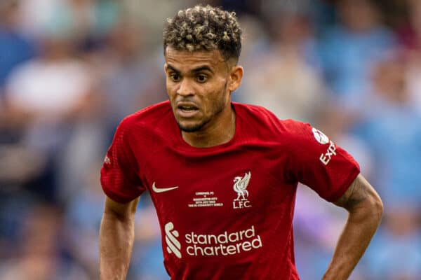 LEICESTER, ENGLAND - Saturday, July 30, 2022: Liverpool's Luis Díaz during the FA Community Shield friendly match between Liverpool FC and Manchester City FC at the King Power Stadium. Liverpool won 3-1. (Pic by David Rawcliffe/Propaganda)