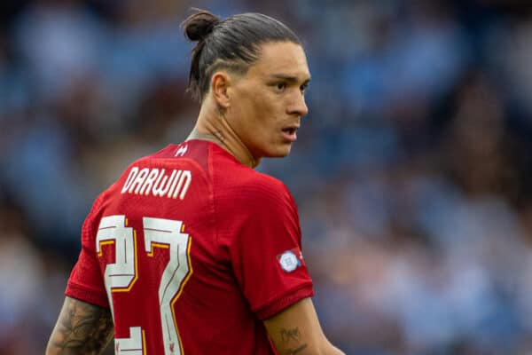 LEICESTER, ENGLAND - Saturday, July 30, 2022: Liverpool's Darwin Núñez during the FA Community Shield friendly match between Liverpool FC and Manchester City FC at the King Power Stadium. Liverpool won 3-1. (Pic by David Rawcliffe/Propaganda)