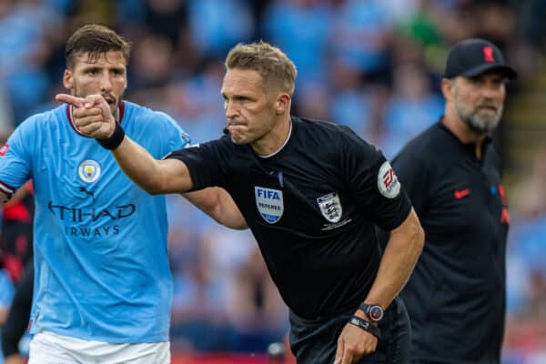 LEICESTER, ENGLAND - Saturday, July 30, 2022: Referee Craig Pawson awards a penalty to Liverpool during the FA Community Shield friendly match between Liverpool FC and Manchester City FC at the King Power Stadium. Liverpool won 3-1. (Pic by David Rawcliffe/Propaganda)