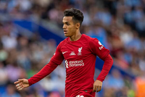 LEICESTER, ENGLAND - Saturday, July 30, 2022: Liverpool's Fabio Carvalho (R) and Darwin Núñez during the FA Community Shield friendly match between Liverpool FC and Manchester City FC at the King Power Stadium. Liverpool won 3-1. (Pic by David Rawcliffe/Propaganda)