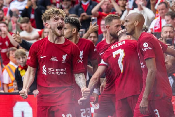 LEICESTER, ENGLAND - Saturday, July 30, 2022: Liverpool's Harvey Elliott celebrates his side's third goal during the FA Community Shield friendly match between Liverpool FC and Manchester City FC at the King Power Stadium. Liverpool won 3-1. (Pic by David Rawcliffe/Propaganda)