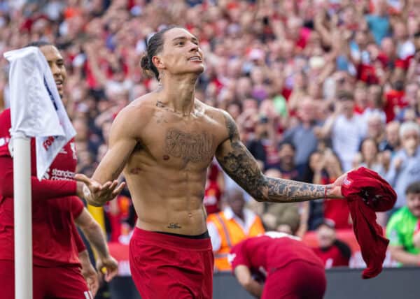LEICESTER, ENGLAND - Saturday, July 30, 2022: Liverpool's Darwin Núñez celebrates after scoring the third goal during the FA Community Shield friendly match between Liverpool FC and Manchester City FC at the King Power Stadium. Liverpool won 3-1. (Pic by David Rawcliffe/Propaganda)